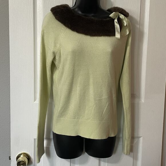Vintage Y2K Evan Picone Sweater Women Medium Green Removable Faux Fur Collar Top - Picture 1 of 11